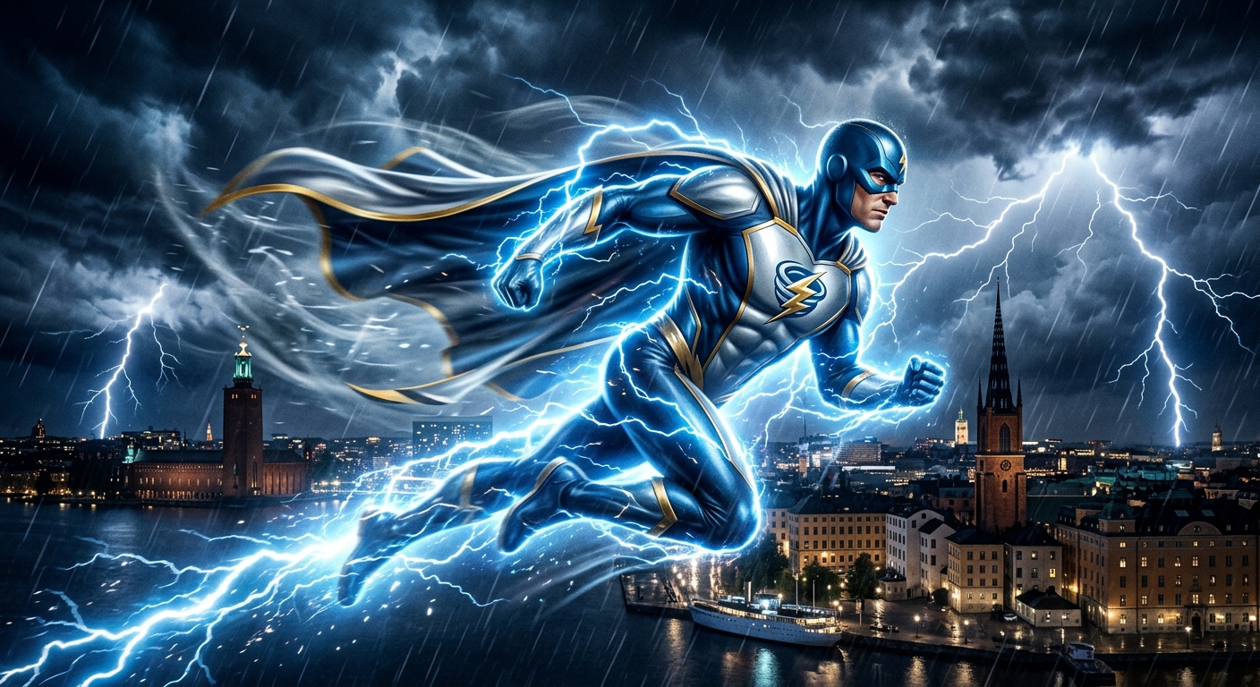 A picture of suprehero Åskvinden, flying over the Stockholm